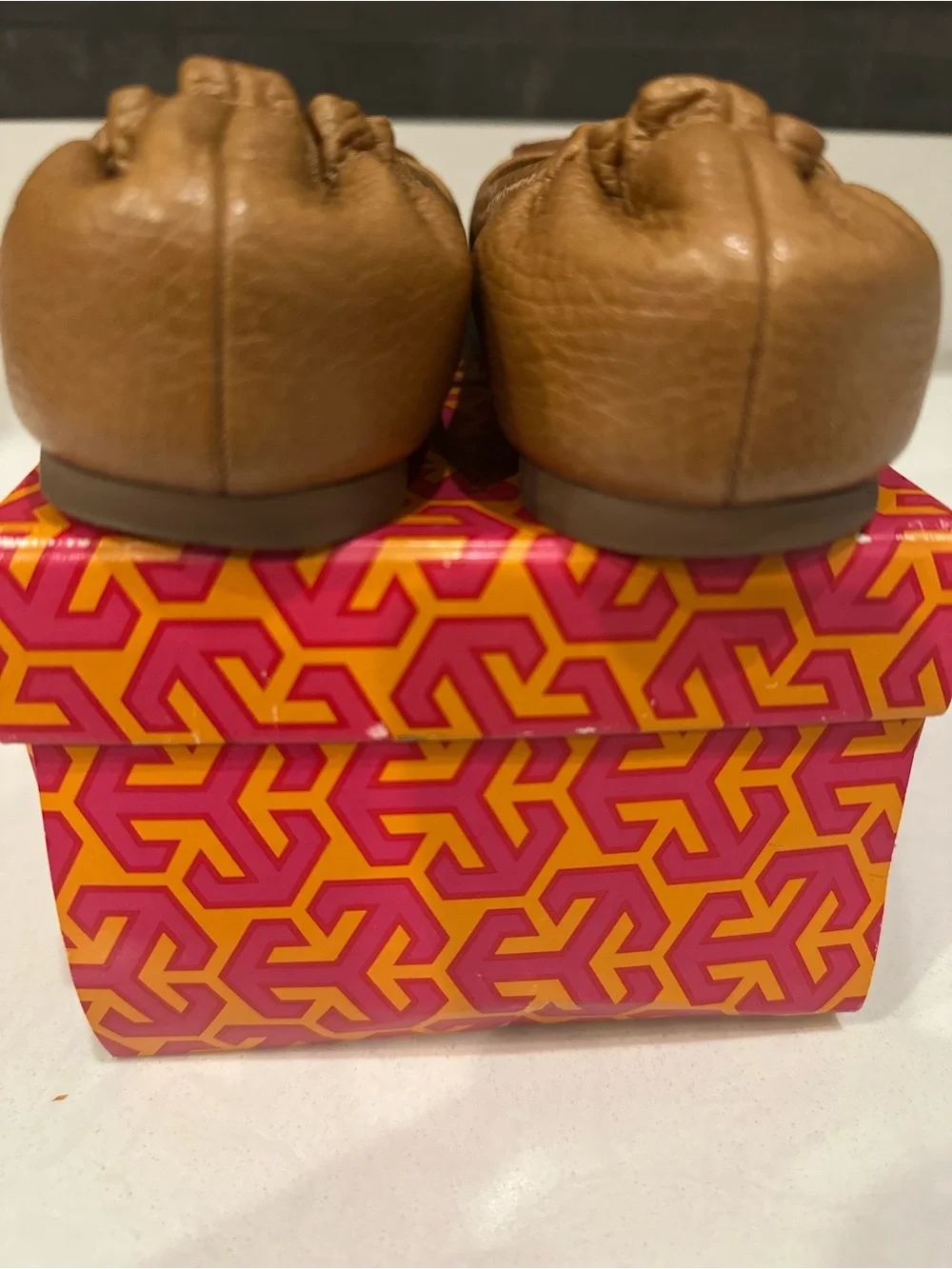 Tory Burch Cognac Leather Logo Ballet Flats